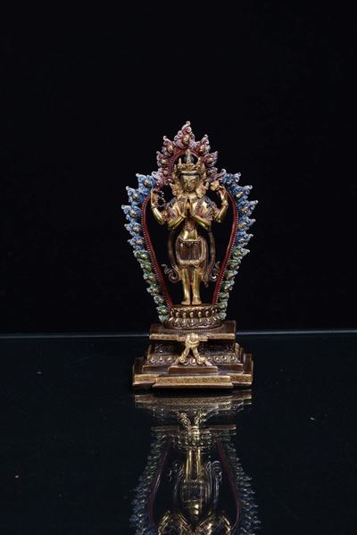 Bodhisattva in Rame Dorato e Dipinto, Tibet Fine XIX Secolo