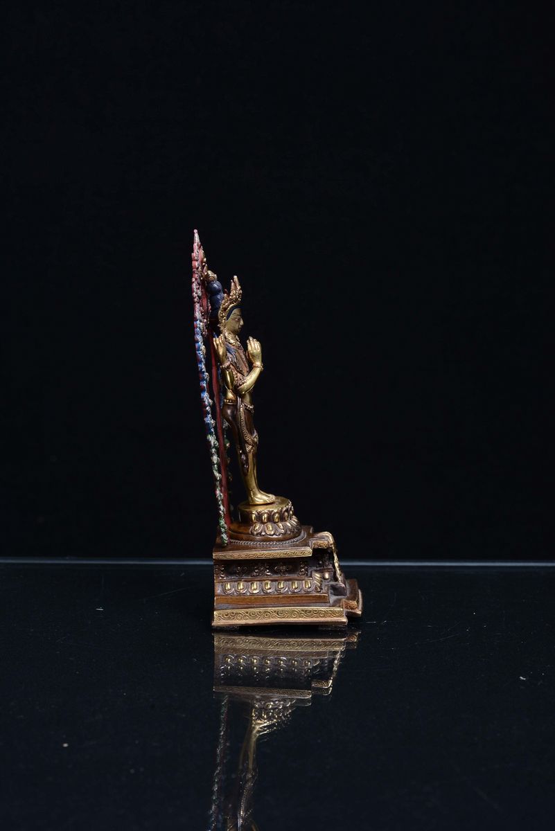 Bodhisattva in Rame Dorato e Dipinto, Tibet Fine XIX Secolo