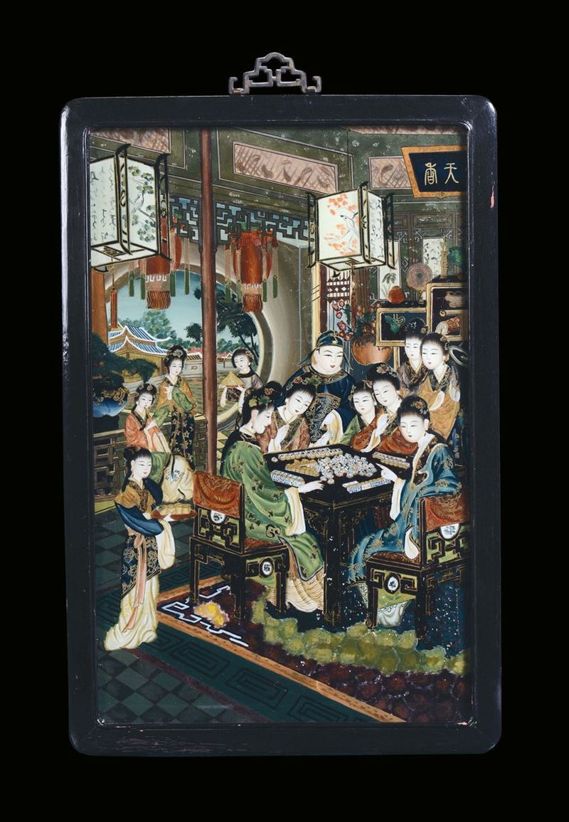 Dipinto su vetro con cornice in legno, Cina inizio XX secolo, cm 56x37  - Asta Chinese Works of Art - Cambi Casa d'Aste