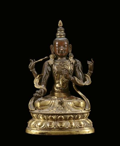 Scultura in Bronzo Dorato Raffigurante Sakyamuni, Cina, Dinastia Ming, XVII Secolo