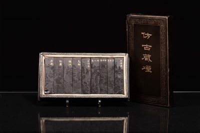 Scatola in Legno con Set di Pietre da Inchiostro, Cina, Dinastia Qing, Inizio XX Secolo