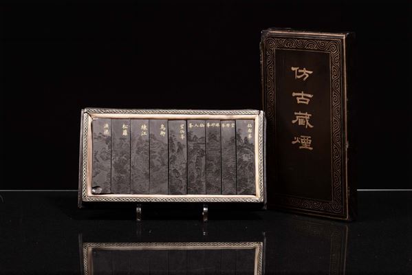 A wooden box with set of ink stones, China, Qing Dynasty, early 20th century
