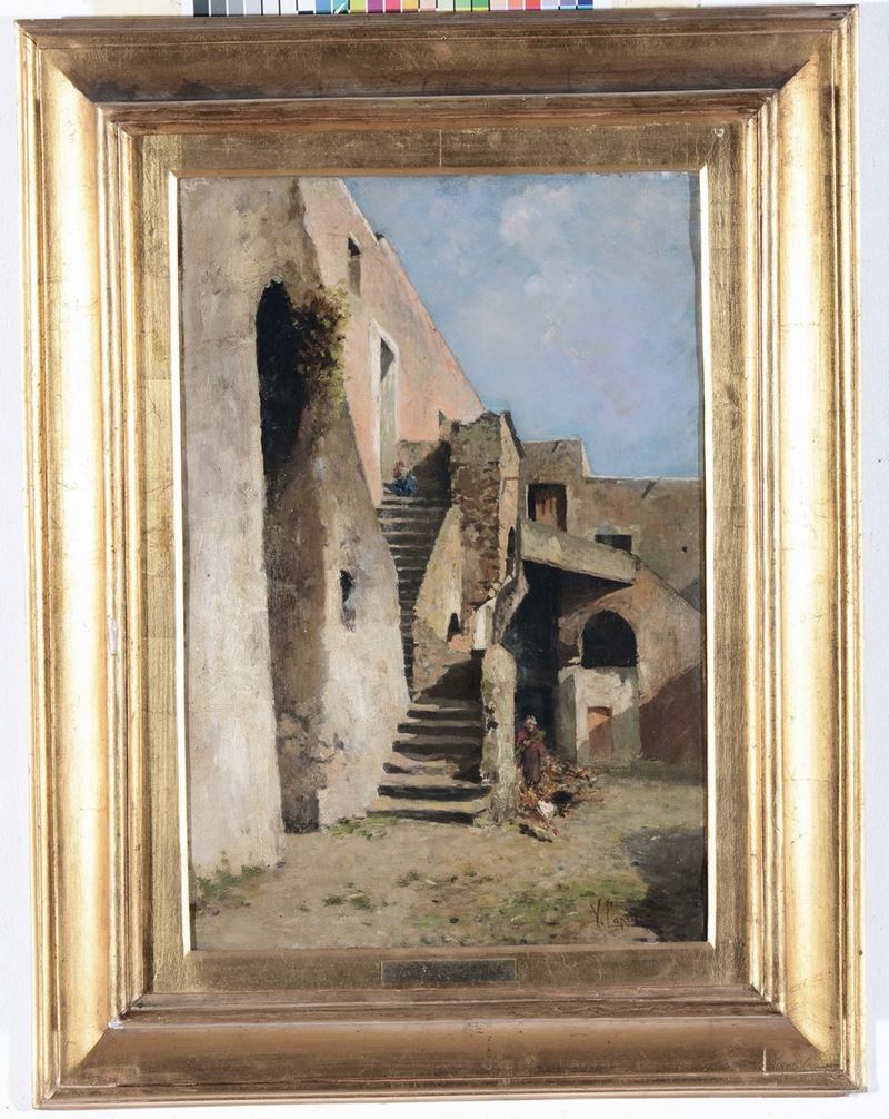 Vincenzo Caprile ( Napoli 1856 - 1936) Scorcio di paese  - Asta Antiquariato e Dipinti Antichi - Cambi Casa d'Aste