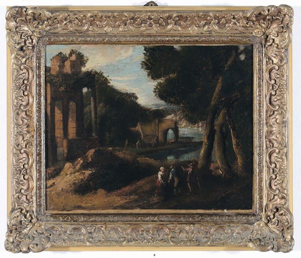 Scuola Fiamminga del XVIII secolo Paesaggio fluviale con rovine