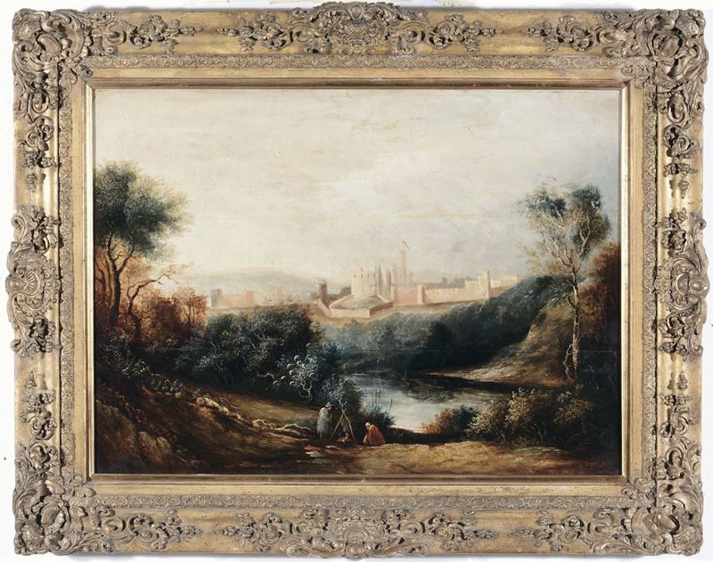 Scuola del XVIII secolo Paesaggio campestre con città fortificata sullo sfondo  - Auction Old Masters Paintings - II - Cambi Casa d'Aste