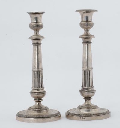Coppia di Candelieri in Argento di Mosello Neoclassico, Italia Inizio XX Secolo