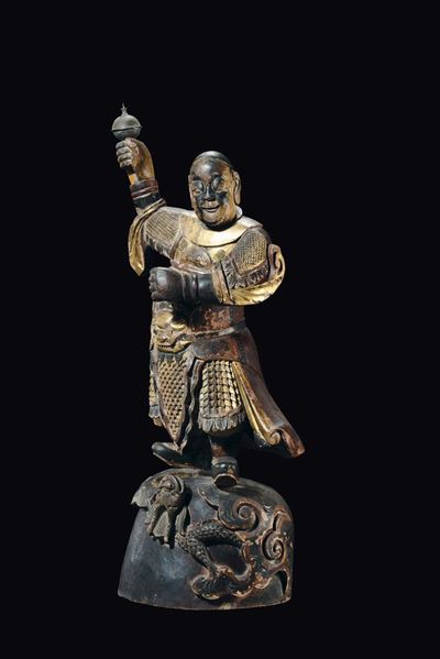 Scultura in Legno Dorato Raffigurante Guerriero, Cina, Dinastia Ming, XVII Secolo
