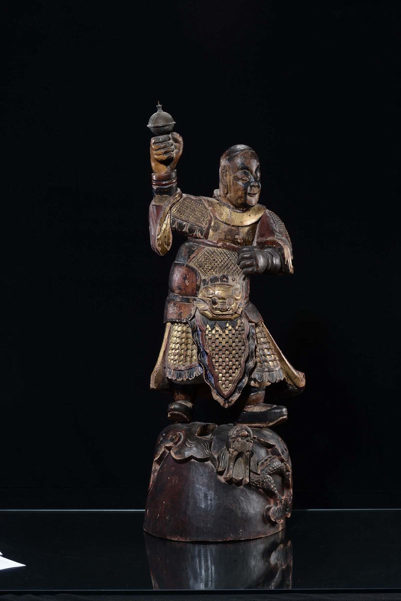 Scultura in Legno Dorato Raffigurante Guerriero Orientale, Dinastia Ming, XVII Secolo