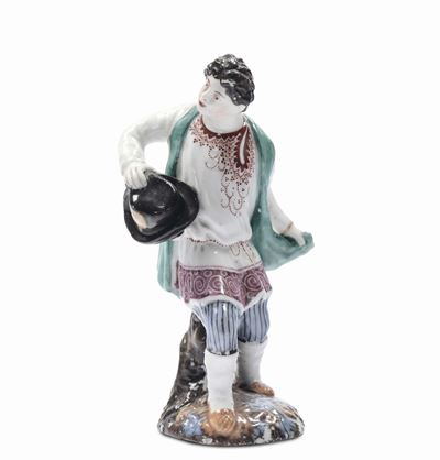 Figuretta in Porcellana Policroma di Giovane Contadino in Costume, Giubbetto Verde e Berretto in ...
