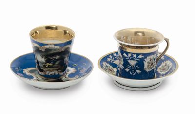 Tazza con Piattino con Decoro a Fondo Blu, Russia Manifattura B.f.k., 1840-50 Circa