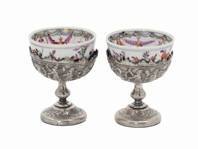 Due Coppette da Sake in Porcellana Policroma, Meissen, Periodo Marcolini, 1780 Circa