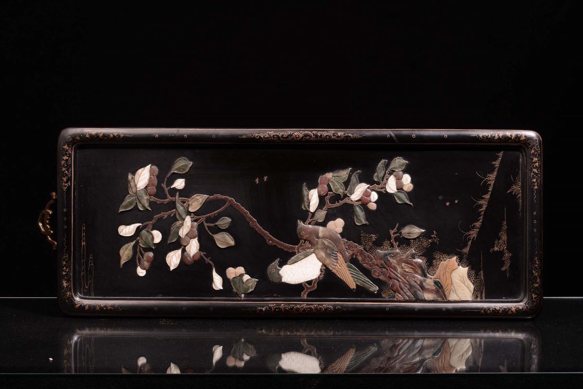Coppia di Pannelli Cinesi con Uccelli, Intarsi in Madreperla, Pietre Dure e Giada, Cina
