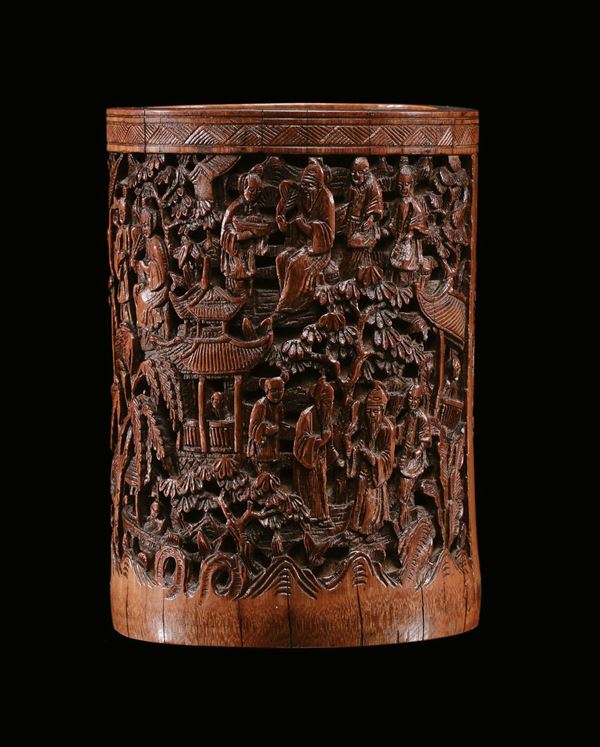 A fine carved bamboo brush-holder, China, Qing Dynasty, 19th century
