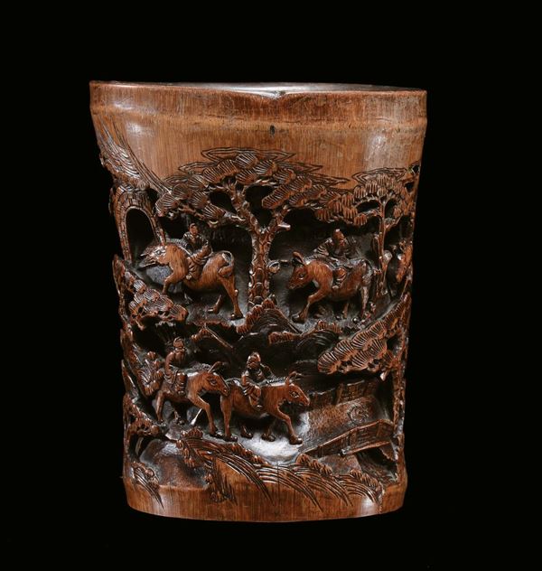 A fine carved bamboo brush-holder, China, Qing Dynasty, 18th century