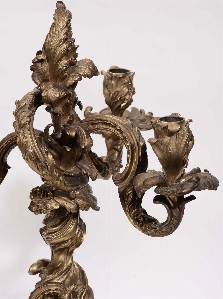 Trittico in Bronzo Dorato Composto da Orologio e Coppia di Candelabri, XIX Secolo
