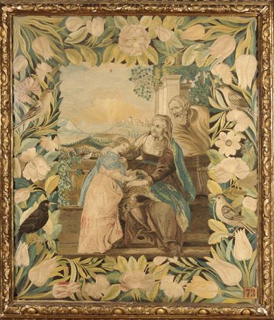 Ricamo in Seta con Sacra Famiglia Entro Cornice in Legno Intagliato, Dorato e Dipinto, Arte Itali...