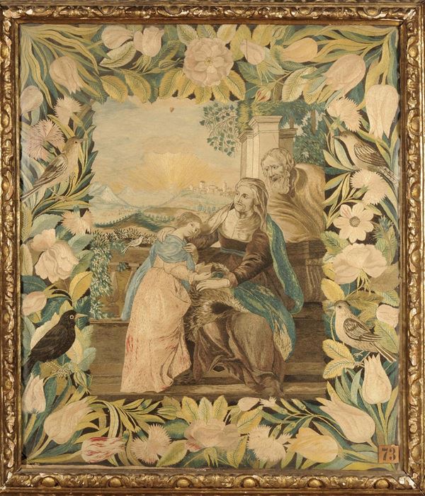 Ricamo in seta con Sacra Famiglia entro cornice in legno intagliato, dorato e dipinto, Arte Italiana del XVII secolo