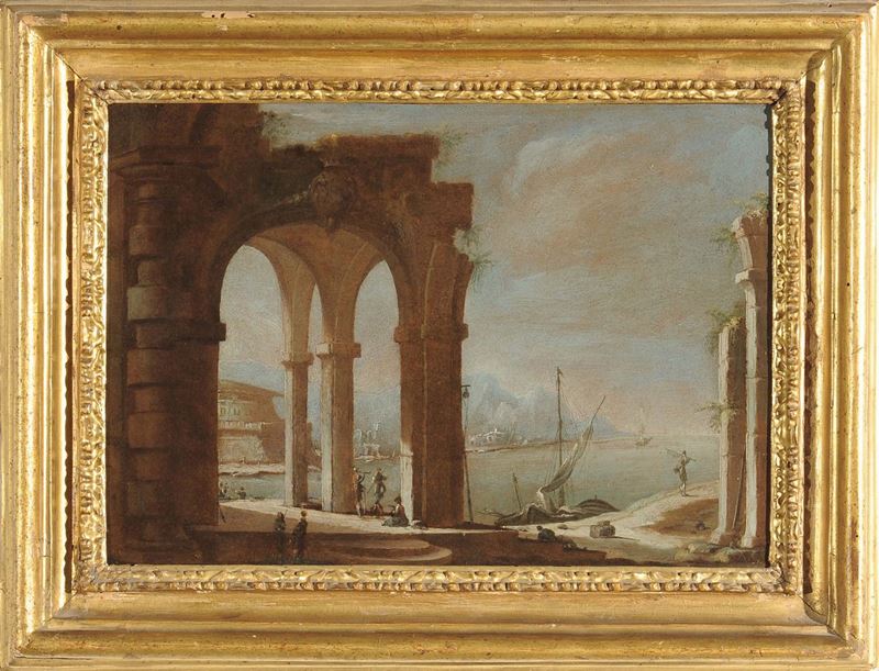 Leonardo Coccorante (Napoli 1680 - 1750), ambito di Veduta costiera con architetture  - Asta Dipinti Antichi - II - Cambi Casa d'Aste
