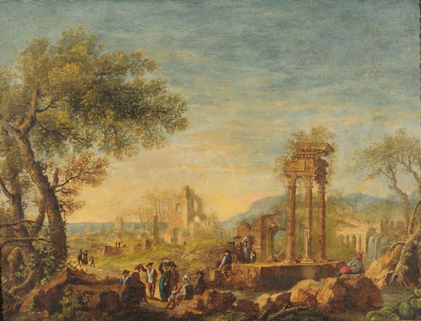 Maria Luisa Raggi (Attiva a Firenze e Roma nel XVIII) Paesaggio con rovine classiche e figure