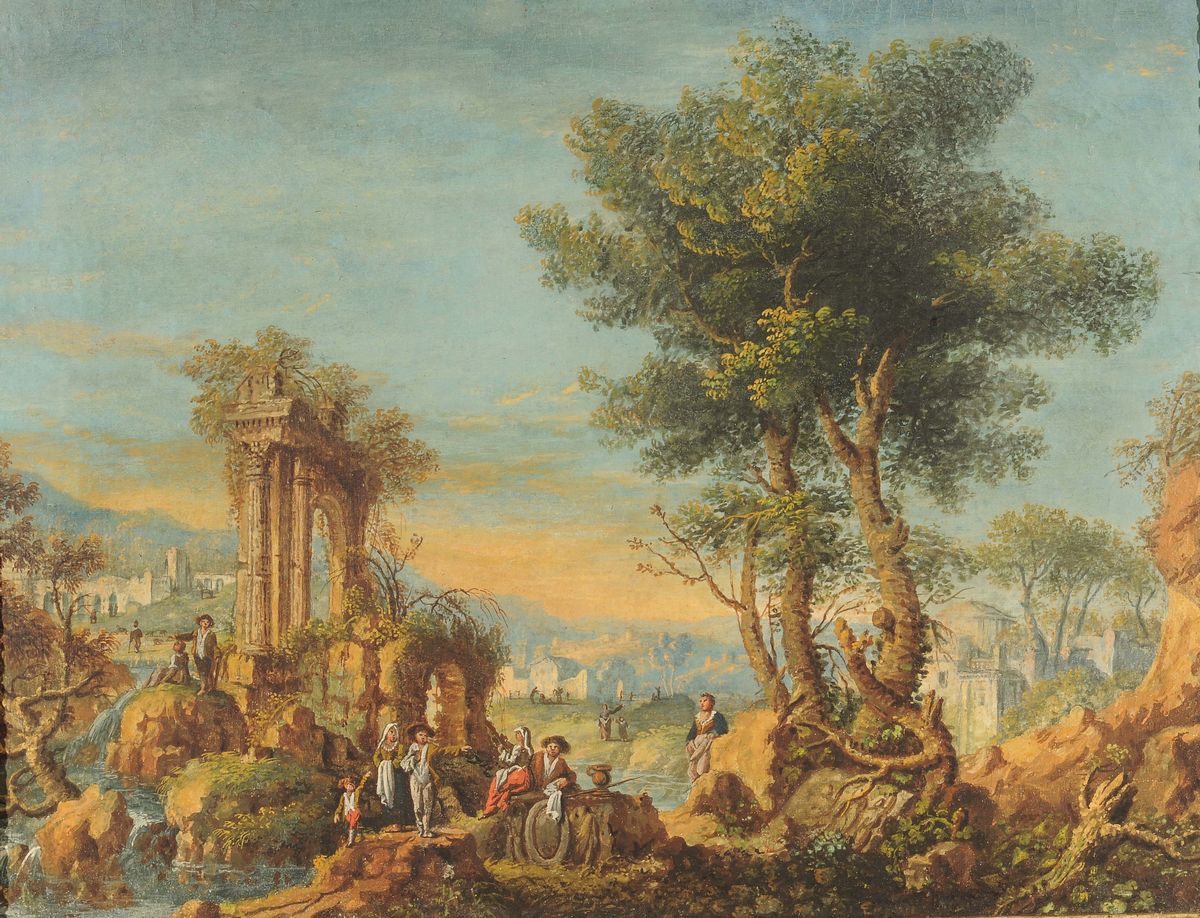 Maria Luisa Raggi (attiva a Firenze e Roma nel XVIII)paesaggio con Rovine Classiche e Figure