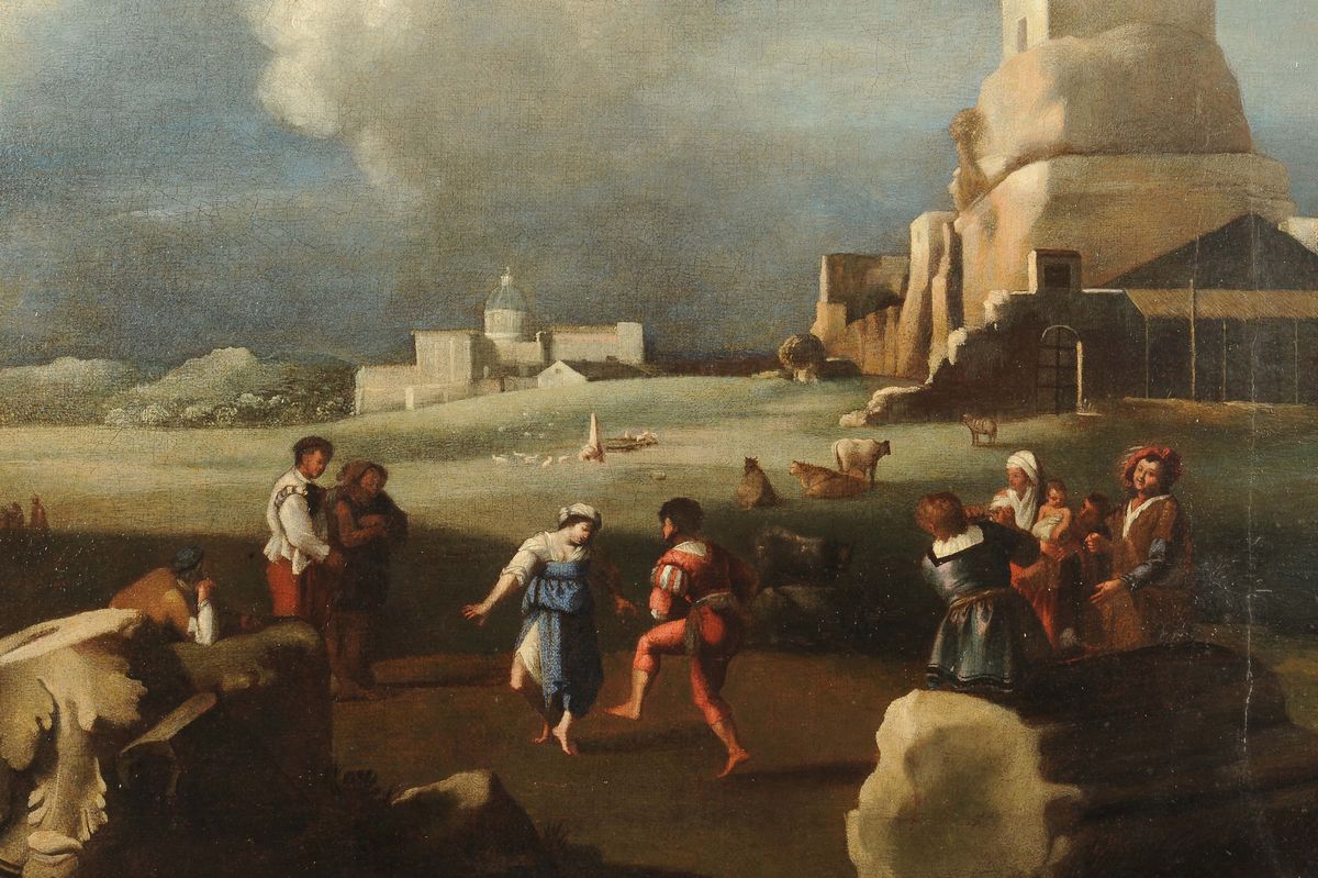 Filippo Napoletano (1587-1629), Cerchia Diballo Popolare al Foro con San Pietro sullo Sfondo