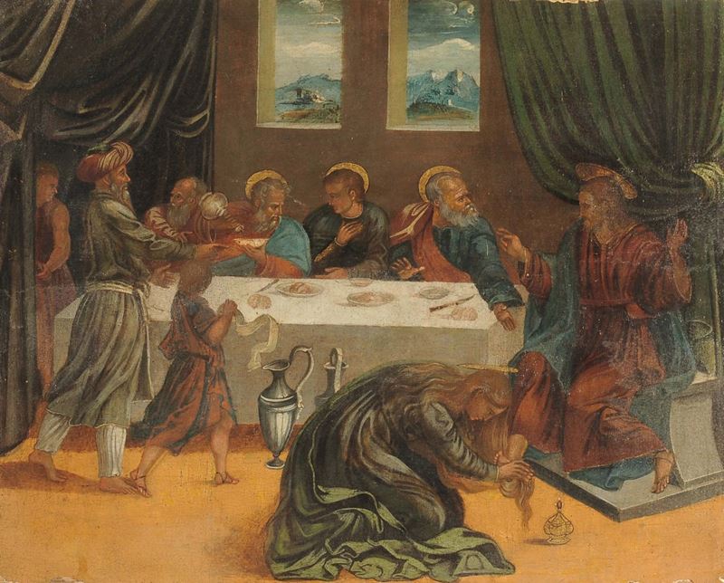 Scuola Veneto - Cretese del XVI secolo Lavanda dei piedi  - Auction Old Masters Paintings - II - Cambi Casa d'Aste