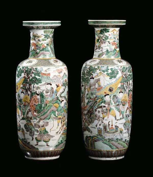 A pair of polychrome Famille-Verte porcelain ruleau vases with oriental figures, China, Qing Dynasty, late 19th century