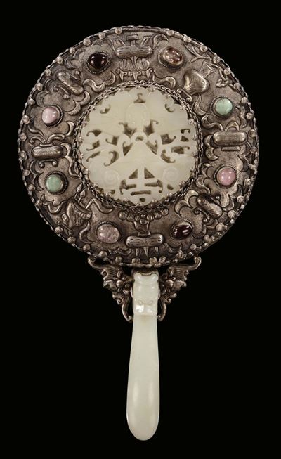Piccolo Specchio in Argento, Pietre Dure Giada Bianca, Cina, Dinastia Qing, XIX Secolo