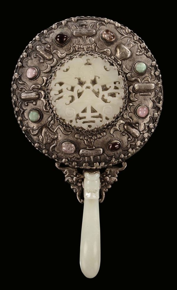 A small silver mirror with hard stones and white jade, China, Qing Dynasty, 19th century