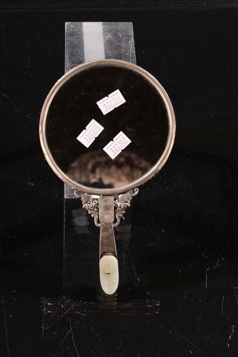 Piccolo Specchio in Argento, Pietre Dure Giada Bianca, Cina, Dinastia Qing, XIX Secolo