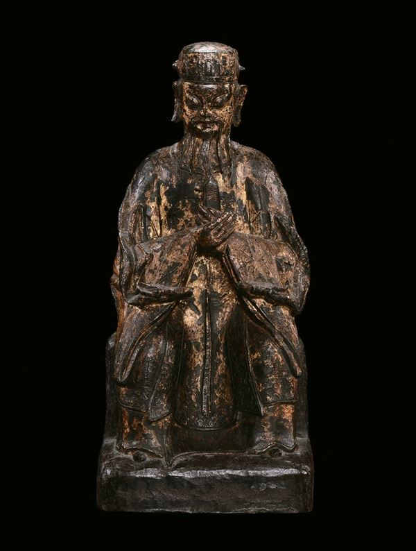 Scultura in bronzo raffigurante dignitario seduto, Cina, Dinastia Ming, XVII secolo