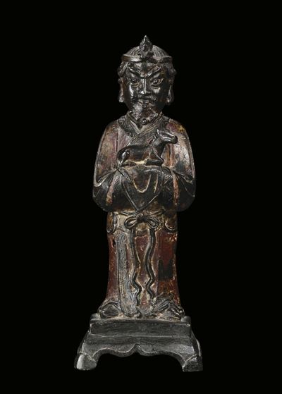 Scultura in Bronzo Raffigurante Dignitario con Animale, Cina, Dinastia Ming, XVII Secolo