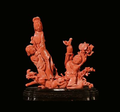 Gruppo in Corallo Rosso con Guanyin Fanciulli e Animali, Cina, Dinastia Qing, Fine XIX Secolo