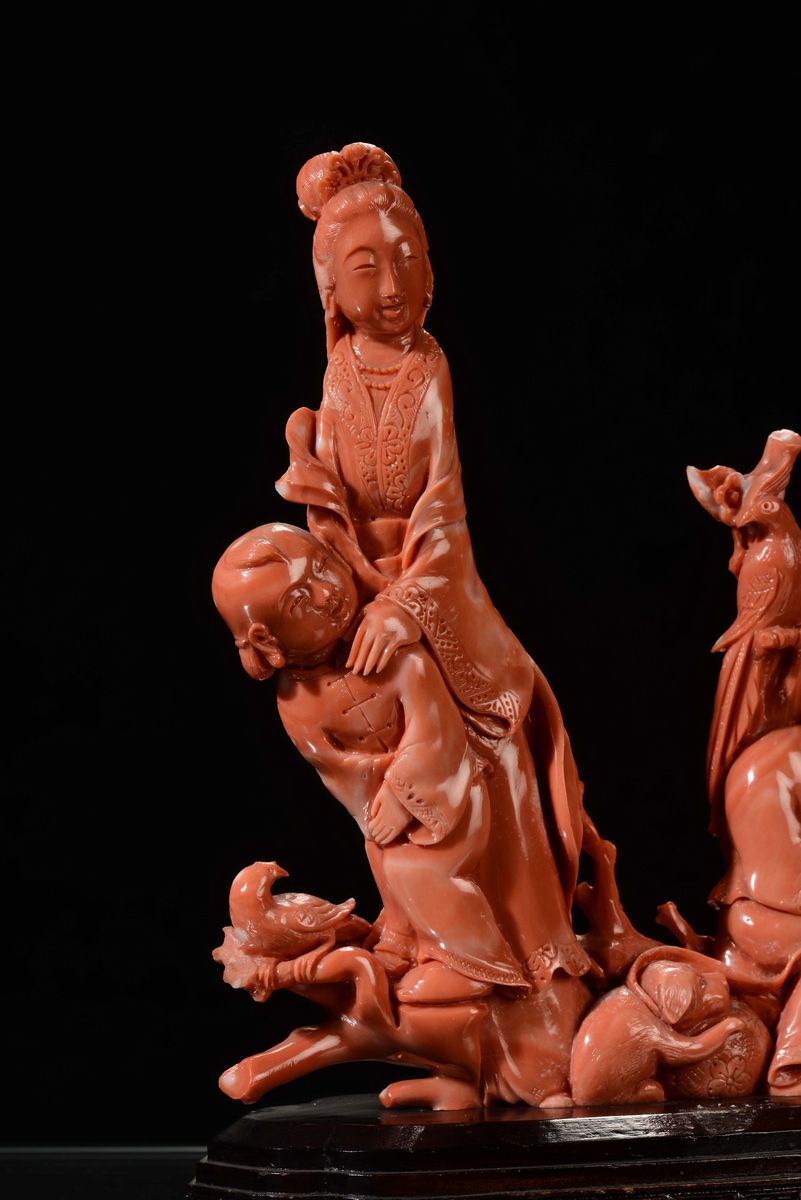 Gruppo in Corallo Rosso con Guanyin Fanciulli e Animali, Cina, Dinastia Qing, Fine XIX Secolo