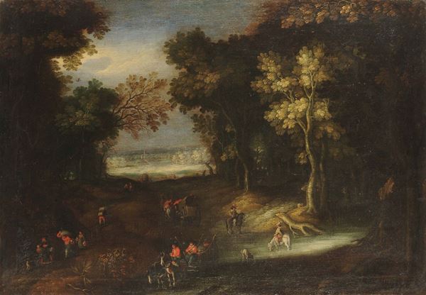 Jan Breughel il Vecchio, (1568-1625), cerchia di Paesaggio boschivo con personaggi