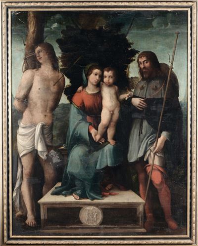Lotto Ritirato Scuola Ferrarese del XVI Secolomadonna con Bambino tra San Sebastiano e San Giacom...