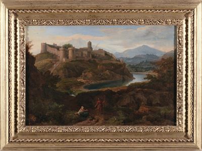 Hendrick Frans Van Lint (anversa, 1684-roma, 1763)paesaggio con Figure e Città Fortificata