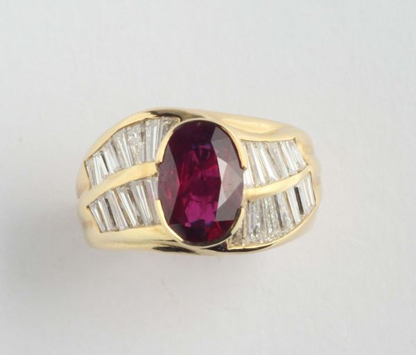 A ruby and diamond ring. Indications of low temperature heating