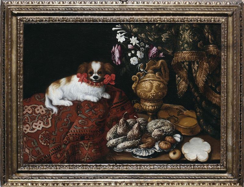 Francesco Fieravino (Malta 1610 - 1670) Natura morta con cagnolino  - Asta Fine Selection - II - III - Cambi Casa d'Aste
