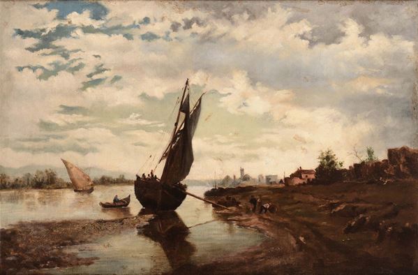 Anonimo del XX secolo Veduta marina con figura e barche
