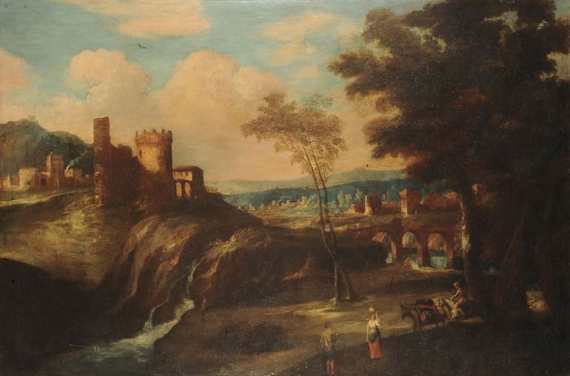Marco Ricci, (Belluno1676 - Venezia 1730) seguace di Paesaggio con figure ed architetture  - Asta Dipinti Antichi - II - Cambi Casa d'Aste