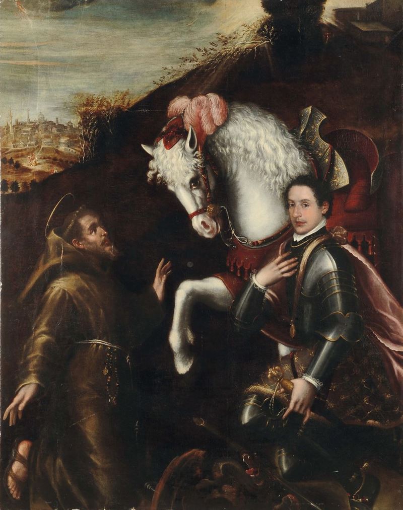 Scuola Emiliana degli inizi del XVII secolo Ritratto di cavaliere in veste di San Giorgio  - Asta Dipinti Antichi - II - Cambi Casa d'Aste