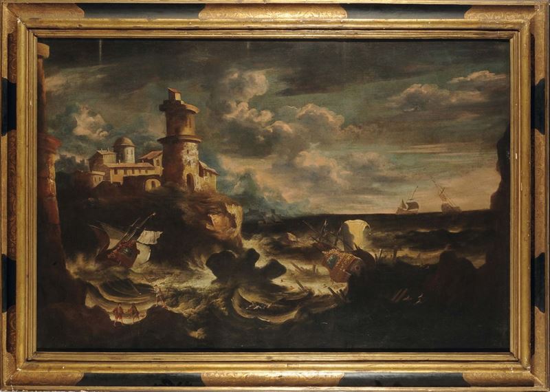 Scuola dell’Italia Settentrionale del XVIII secolo Grande marina in burrasca  - Auction Antique and Old Masters - Cambi Casa d'Aste