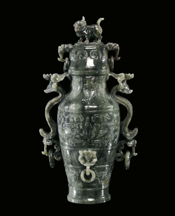 A spinach green jade vase and cover animals double handles, China, Republic, 20th century
