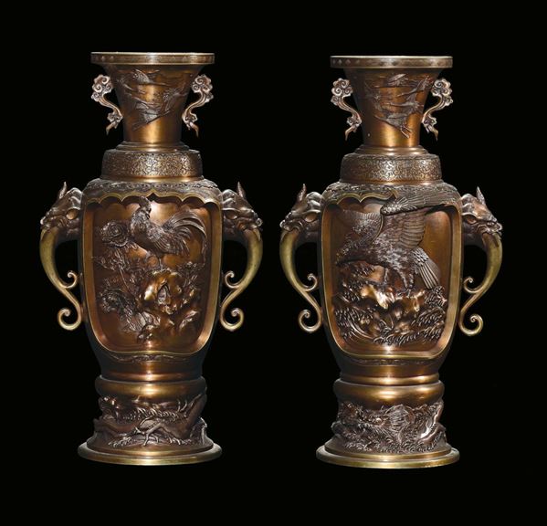 A pair of bronze vases with birds and dragons, Japan, Meji, period, late 19th century