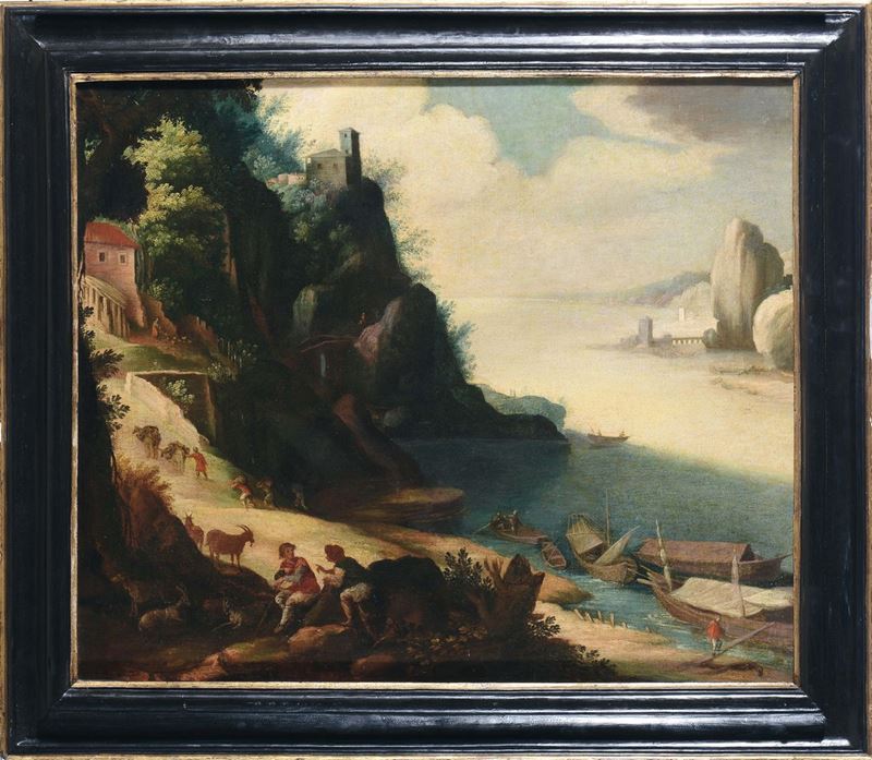 Paul Brill (Anversa 1554 - Roma 1626), cerchia di Paesaggio marino  - Asta Dipinti Antichi - II - Cambi Casa d'Aste