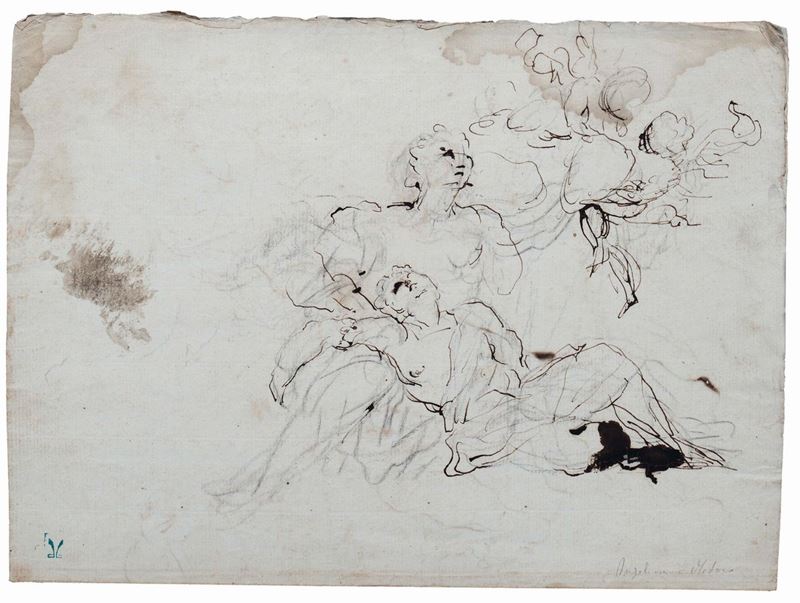 Scuola Veneta del XVII secolo Angelica e Medoro, al verso studio di angeli  - Auction Fine Drawings - I - Cambi Casa d'Aste