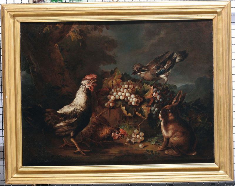 Angelo Maria Crivelli detto il Crivellone (Milano ?-1730 circa) Natura morta con lepre, galli e frutta  - Asta Dipinti Antichi - II - Cambi Casa d'Aste