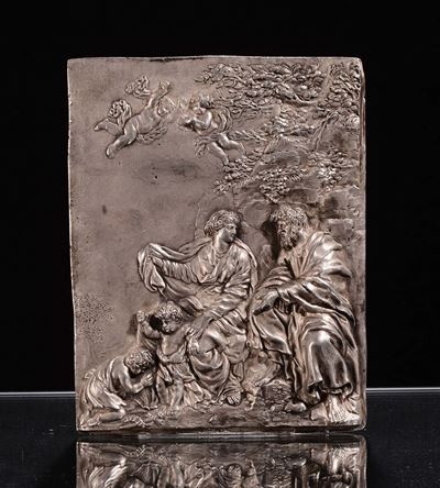 Placca in Argento Cesellato a Bassorilievo con Sacra Famiglia e San Giovannino, Inizio XVIII Seco...