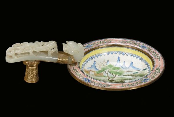 A jade bottle hook with small metal enameled dish, China, Qing Dynasty, 19th century